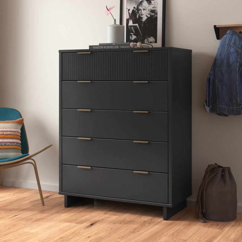 Granville 38" Modern Solid Wood Dresser with 5 Drawers in Charcoal Gray, Dark Gray
