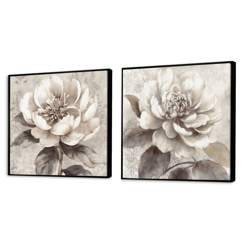 Pivoines grises sur une branche - ensemble de 2 pivoines carrées, Cadre flottant noir, H 16 po x l 33 po