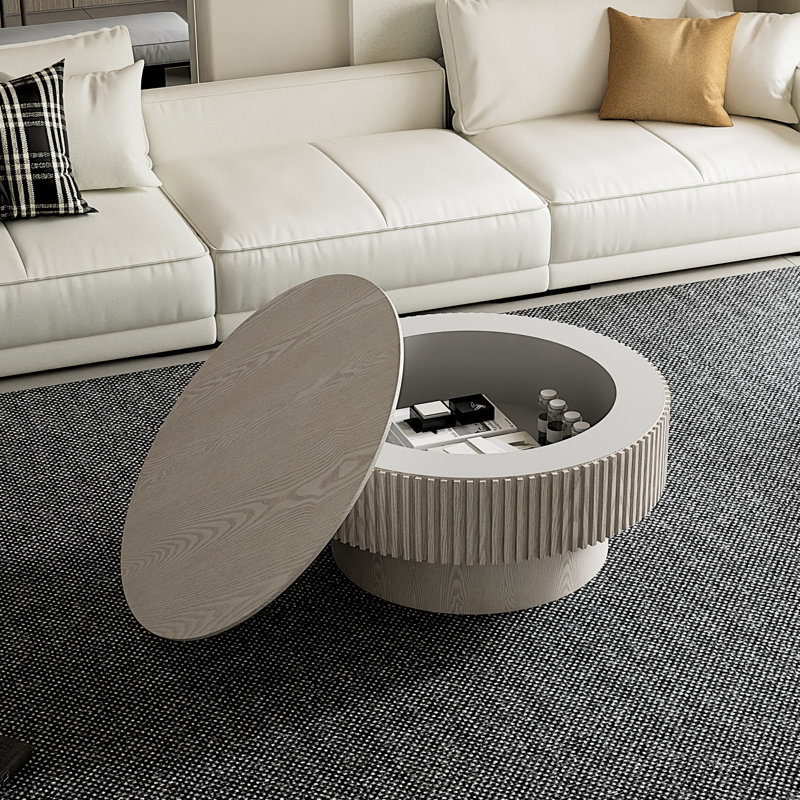 Table basse 31,5 "ronde avec rangement Table d'appoint moderne en placage de bois massif, Blanc rétro