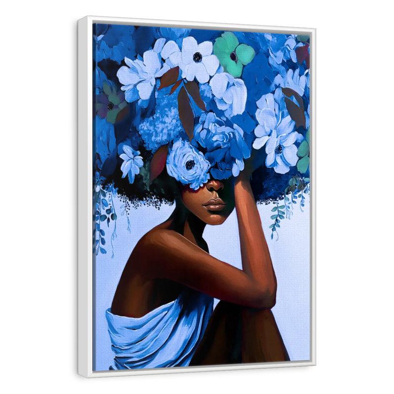 Fille aux cheveux bleus, Cadre flottant blanc, 27 po x 40 po