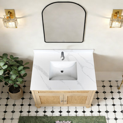 Plateau de meuble-lavabo en quartz 37 po, lavabo central encastré à simple cuve de 3/4 po d'épaisseur, dosseret de 4 po de hauteur, 1 trou de robinet pré-percé, résistant aux taches et à la chaleur, quartz blanc de Carrare avec veines