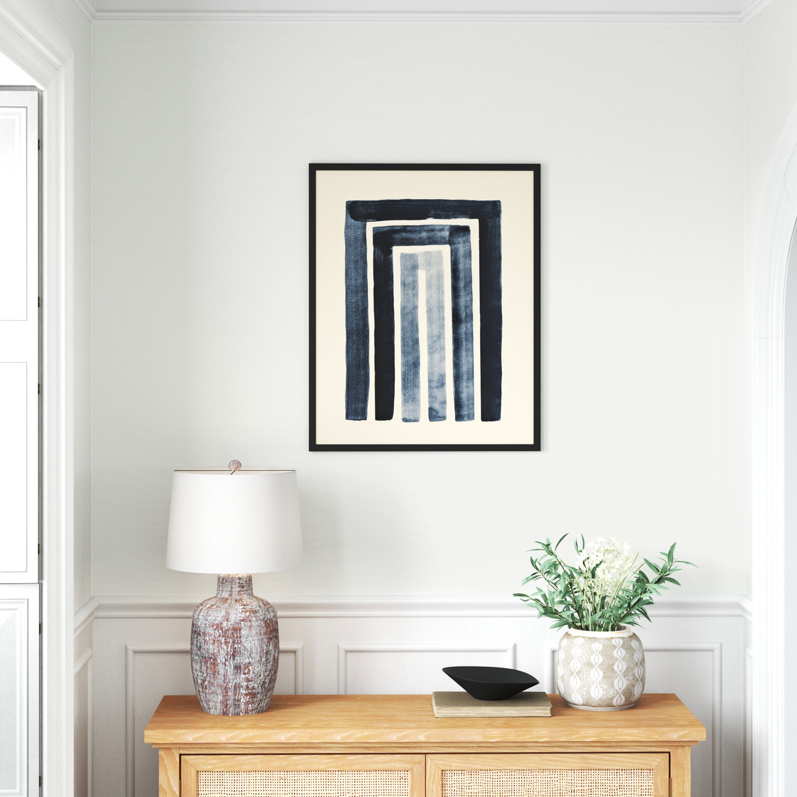 Mid Century Modern Abstract Rainbow Indigo Beige by The Creative Bunch Studio, Black Framed, 41" H x 33" W