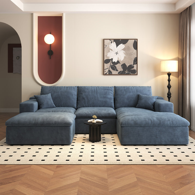 107'' U-Shaped Modern Modular Sectional Cloud Couch whit Ottoman, 4-Seat Chenille Deep-Seat Sofa with Pillow for Living Room, Bedroom, Apartment, Wine Red