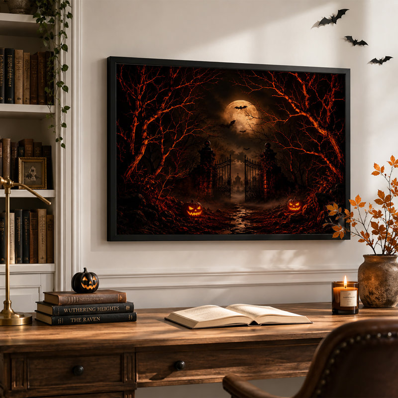 «Jack O Lanterns At Haunted Gate with Bats Under Halloween», art mural sur toile, H 24 po x l 36 po