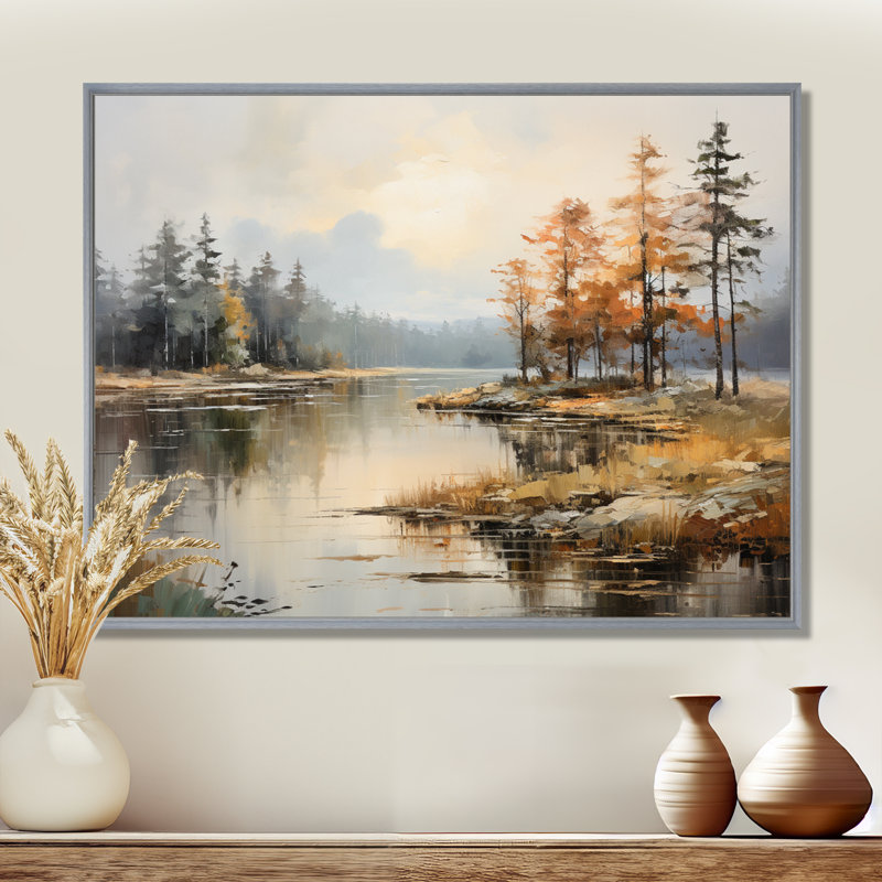 «Lakeside Fall Foliage Serenity II - Lake River», art mural, H 12 po x l 20 po x P 1 po, Encadrement argenté