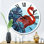 Horloge murale traditionnelle flamant rose foncé avec feuilles tropicales sur fond bleu