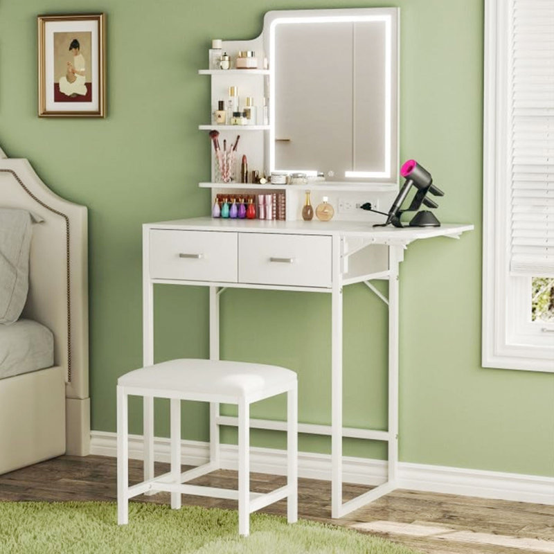 32.7" Makeup Vanity Desk With Stool, Power Outlet & Adjustable LED Light, White