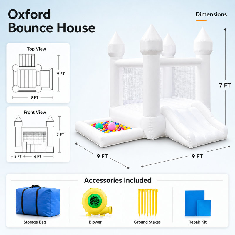 9′ × 9′ White Bounce House with Slide and Air Blower – Durable Oxford Fabric Kids Party Bouncer for Indoor & Outdoor