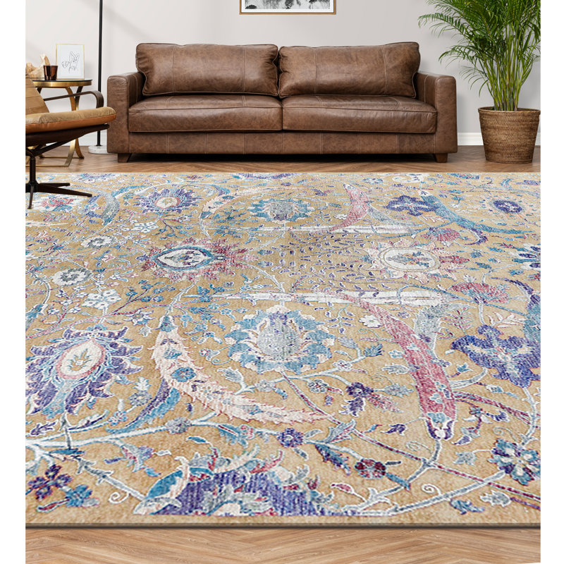 Hand-Knotted High-Quality Camel and Multi-Colored Area Rug, Rectangle 9' x 12'