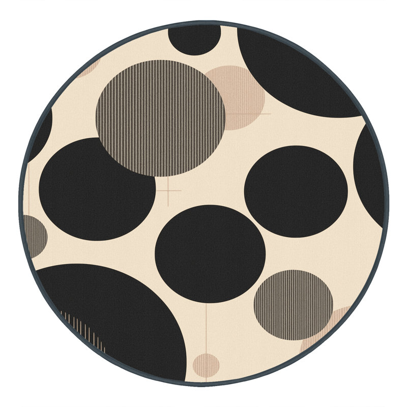 Machine Washable Pavla Modern Geometric Rug in Black – Black Binding, 8' Round
