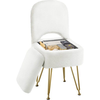 Small Vanity Stool Chair With Storage And Folding Back, 13.4" X 15" X 30" Square Faux Fur Soft Ottoman, 4 Metal Legs With Anti-Slip Feet, Furry Padded Seat For Makeup, Bedroom, White