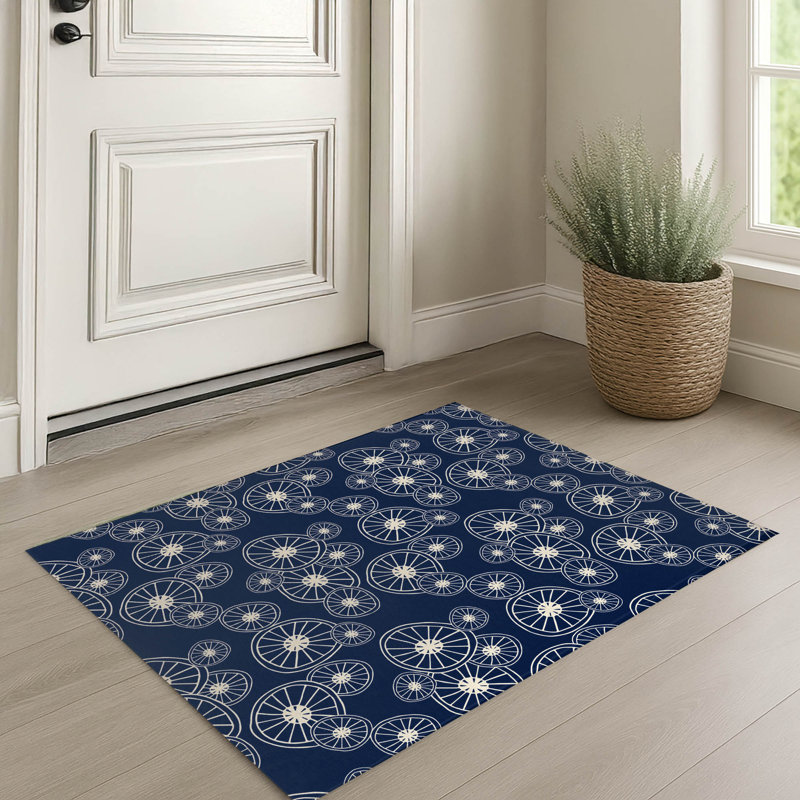 Tapis d'entrée intérieur ultra mince, léger et antidérapant à motif de roue à rayons, Bleu marin, 24" W x 36" L