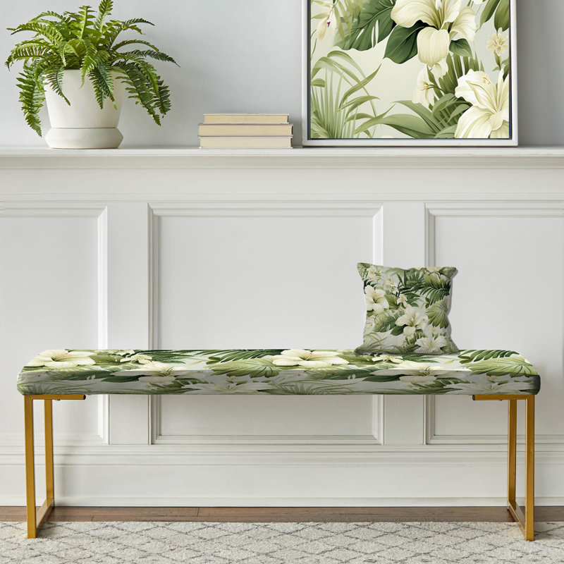 Plants Upholstered Gold Bench, Neutral Oasis Iii