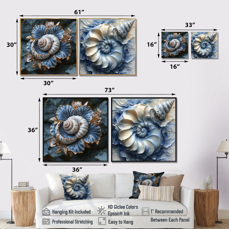 Coquillage moderne bleu et blanc Serenade I - art mural coquillage - ensemble de 2 décorations murales modernes, Toile tendue