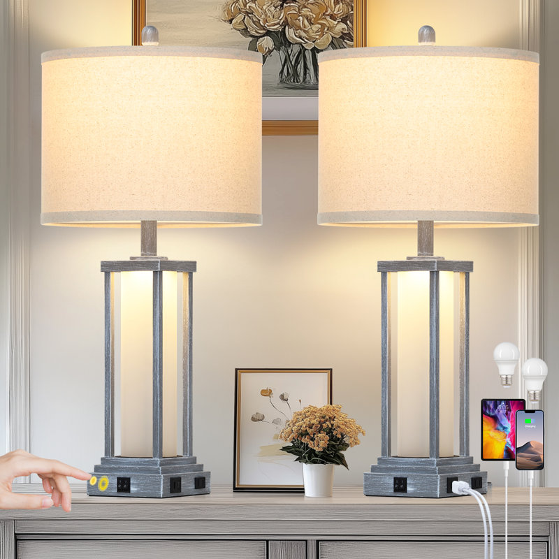 27” Tall Vintage USB Table Lamp Set with Nightlight, Bulb Included, Distressed Gray