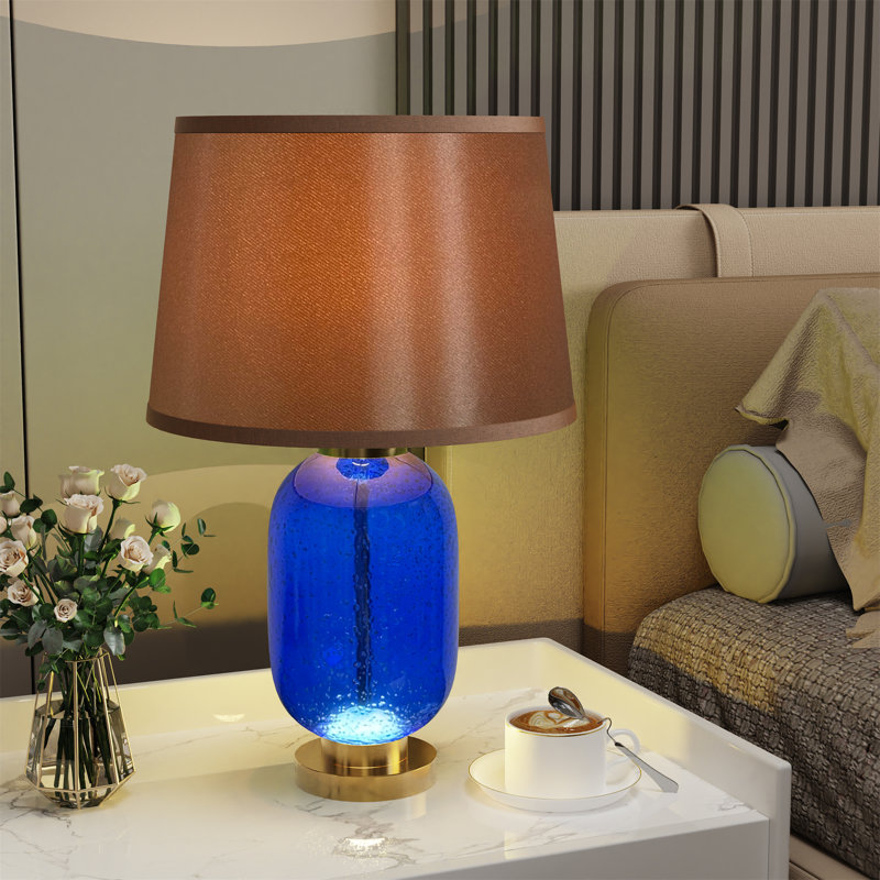 Retro Bedside Table Lamp With Blue-Tinted Glass Base Sofa Side Desk Dual Lighting