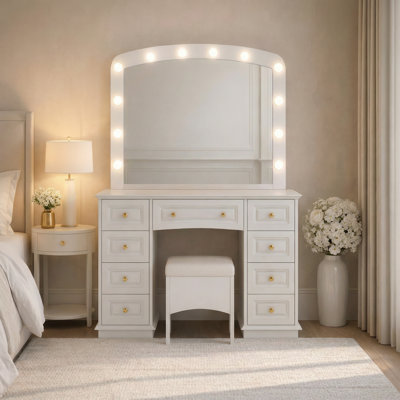 Luxurious Makeup Vanity with Hollywood Lights, 3 Color Modes, Cushioned Stool & 9 Drawers