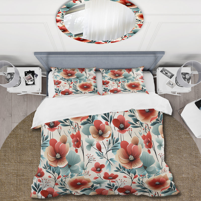 Ensemble de housse de couette à motif floral bleu et rouge, Housse de couette simple + 1 taie décorative stan
