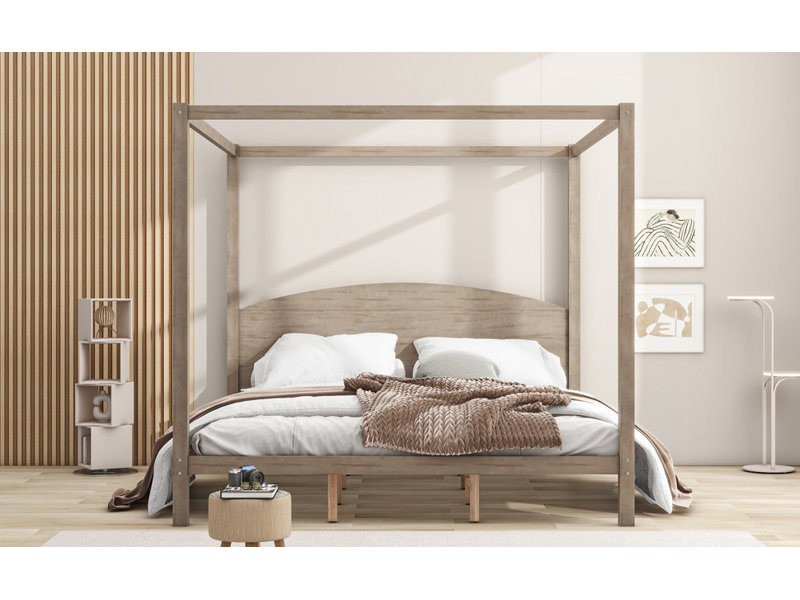 Lit plateforme à baldaquin avec tête de lit et pieds de soutien, Brun