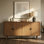 Buffet en bois massif NTC Bloom, armoire à 4 portes avec motif sculptural sculpté à la main, buffet artistique pour le salon ou la salle à manger, assemblage sans effort, aspect teck