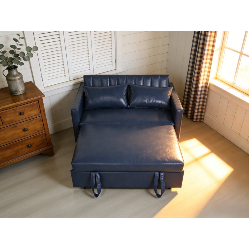 55'' Leather Small Loveseat Pull-out Sofa Bed - Adjustable Backrest With 2 Soft Pillows, Blue