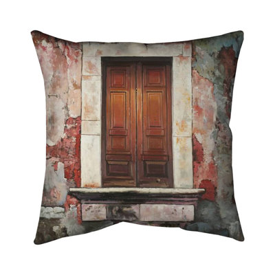 Door of an Old Red Building – Outdoor Throw Pillow with Insert, Weather-Resistant