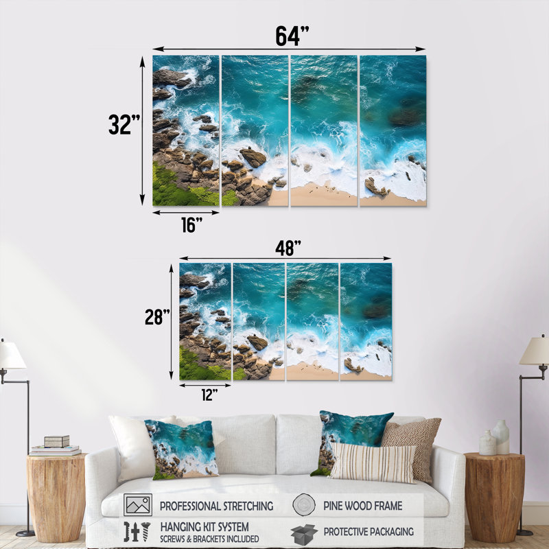 Vue aérienne de la plage rocheuse VI - plage et océan, ensemble 4 pièces, H 28 po x l 48 po