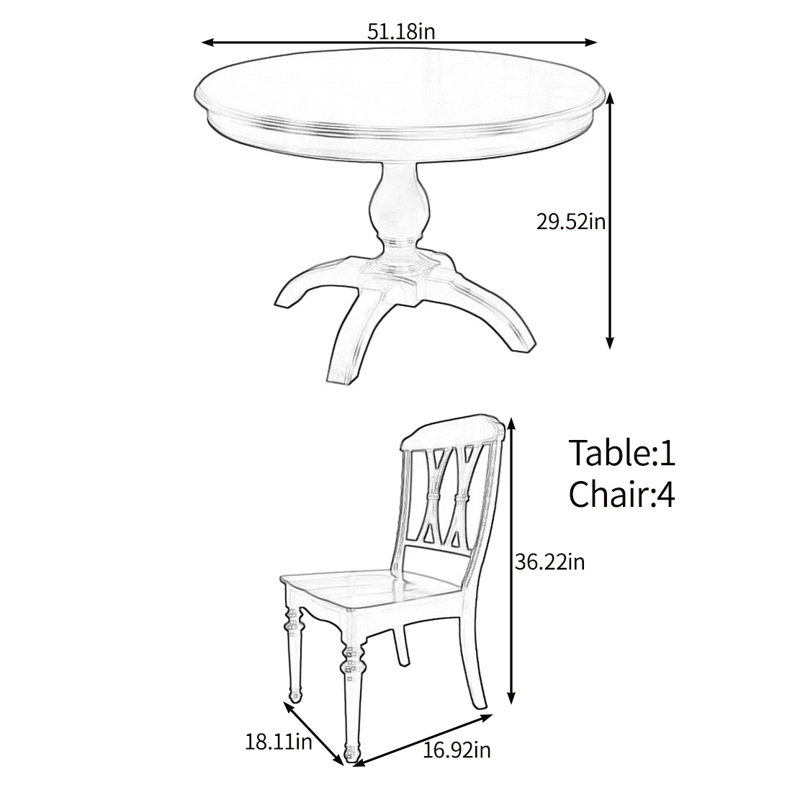 Solid wood round dining table set, 29.52"H x 51.18"L x 51.18"W