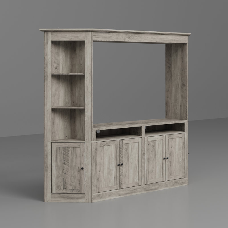 Gris délavé 100 po Meuble audio-vidéo avec plateau en bois massif, tablettes d'angle et 8 armoires de rangement