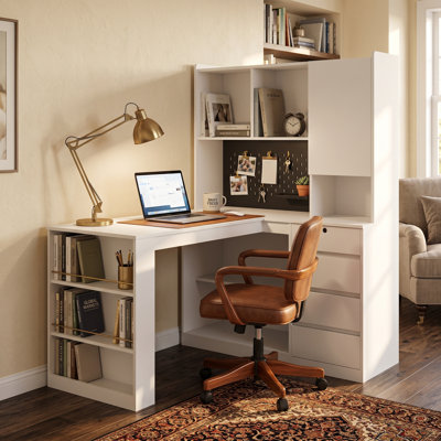 Bureau en coin en L 51,56 po avec tablettes de rangement et station de charge, blanc