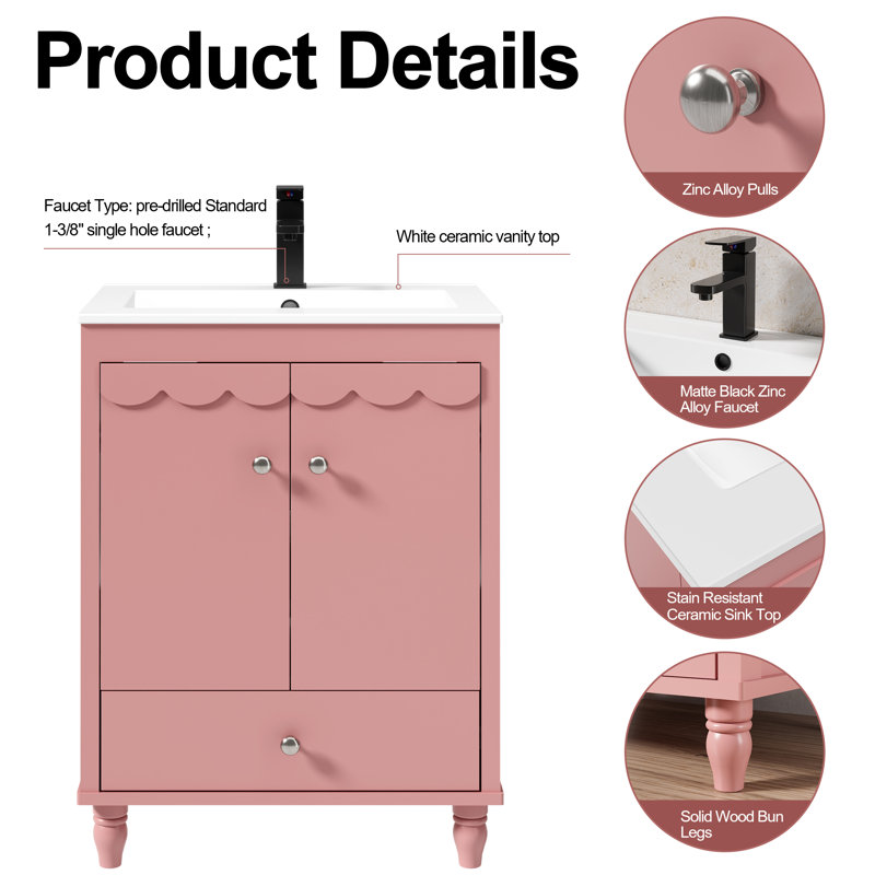 Sharee 24" Single Bathroom Vanity With Ceramic Sink Top, Faucet, Decorative Wavy Edge, Pink
