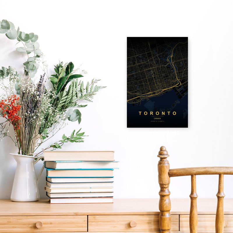 Golden Toronto City Map Minimalist Modern Abstract City Wall Art Print 1 Piece Wrapped Canvas Wall Art, 45.72cm H x 30.48cm W