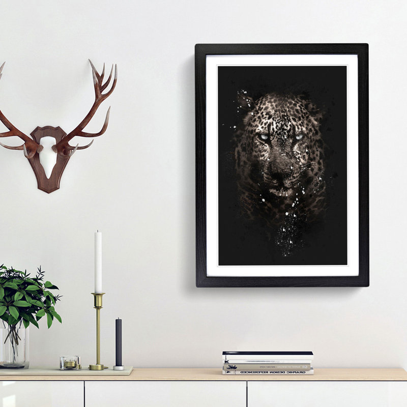 Leopard In The Dark Paint Splash - Picture Frame Graphic Art, 45cm H x 33cm W x 2cm D, Black Framed