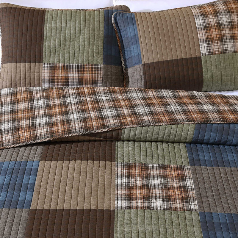 Full Brown Cotton Reversible Patchwork Quilt Set
