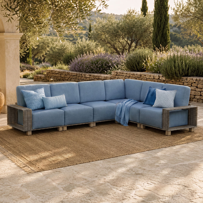 Canapé modulaire d'extérieur en osier 6 pièces avec coussins de 8 pouces et conception modulaire, Blue