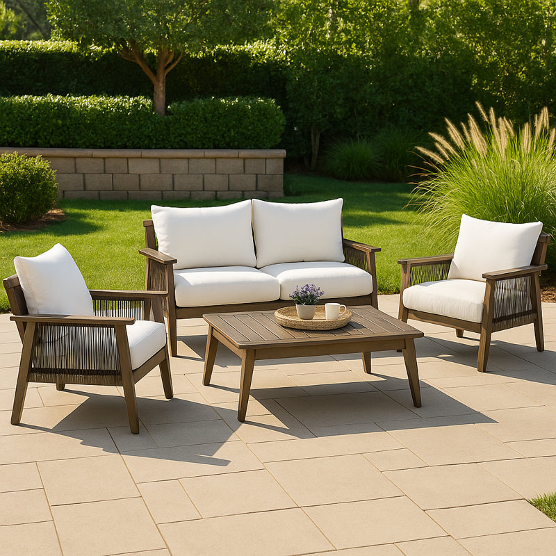 4-Piece Acacia Wooden Patio Conversation Set With Thick Cushions & Matching Coffee Table