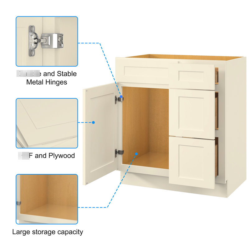 Meuble-lavabo 30 po L 21 po x P 34,5 po, porte de droite, composants de construction, armoire de finition, structure intérieure, revêtement