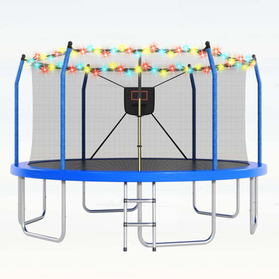 14FT Trampoline with Lights and Basketball Hoop, Safe and Durable Outdoor Fun for All Ages