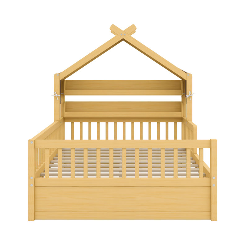 Lit en bois avec tablette de tête de lit, Lit double, Naturel