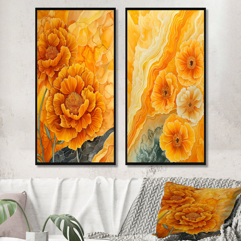 Carnation Flowers on Geode River I - Floral, décoration murale, art floral traditionnel 2 pièces, H 32 po x l 32 po