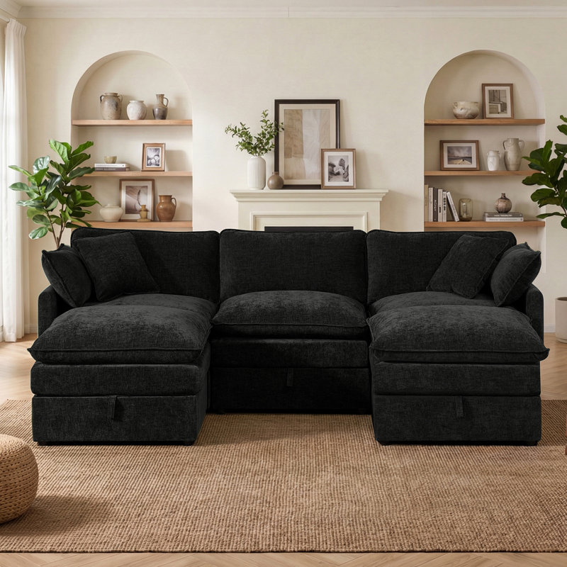 Canapé modulaire en U avec rangement George, Chenille noir