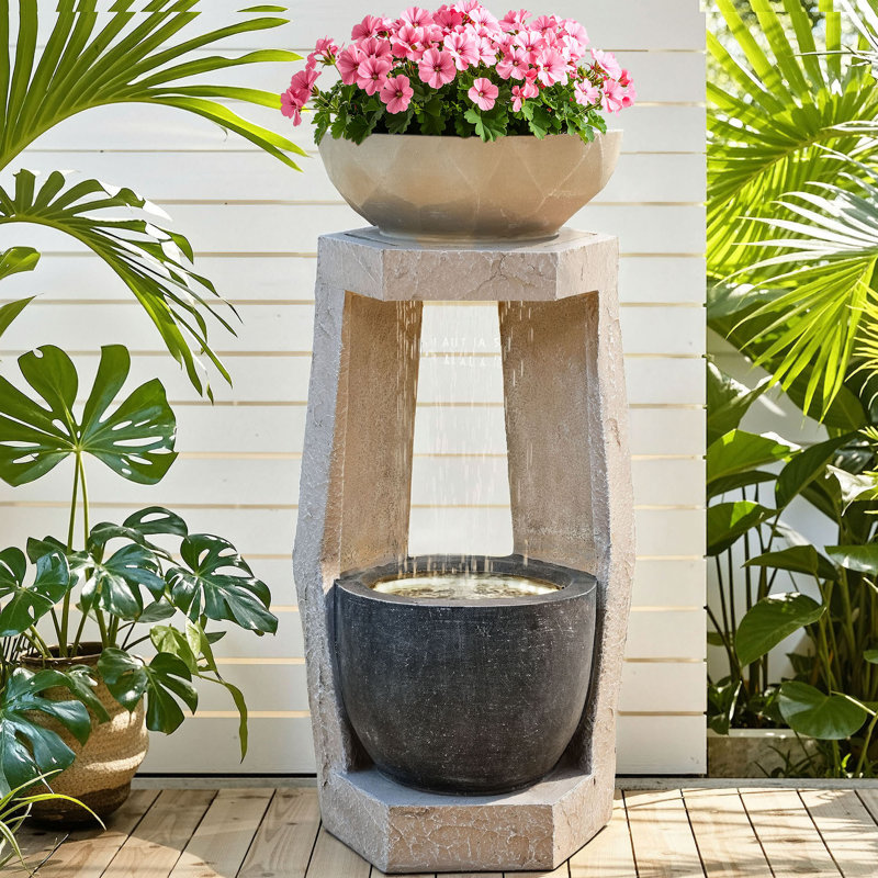 32" Modern Geometric Water Fountain with LED Lights, Two Bowls Cascading Waterfall Decor, Weather-Resistant Resin Outdoor Feature