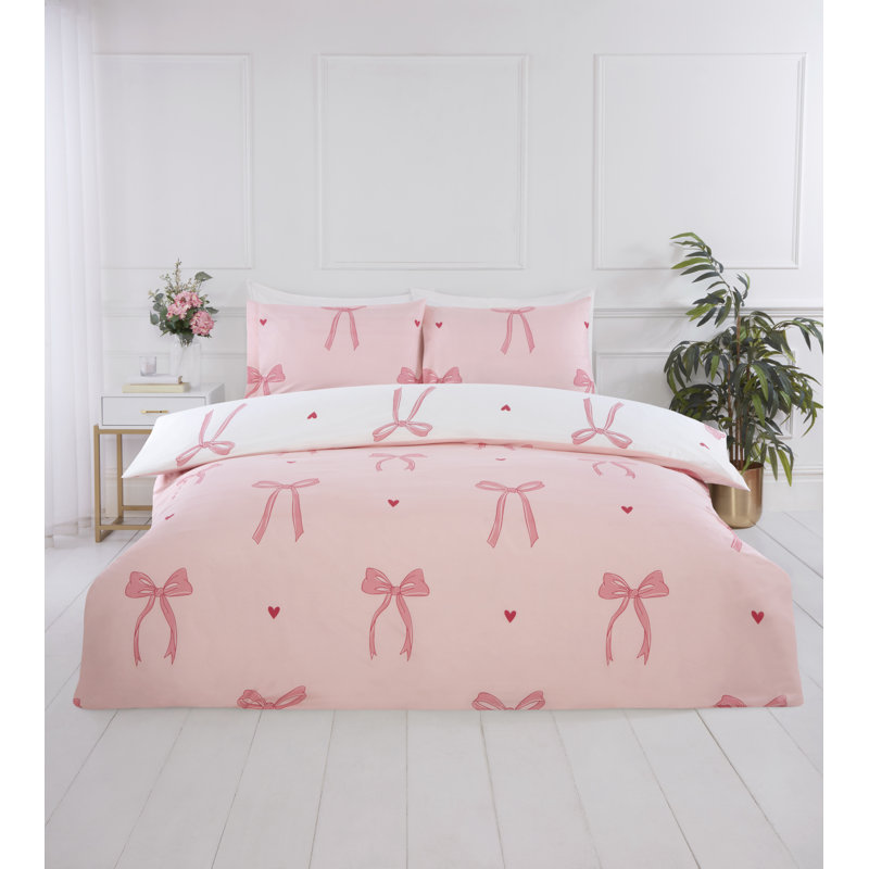 Printed Bows Polyester Floral Duvet Cover Set, Pink, King Duvet Cover Set + 2 Standard Pillowcases