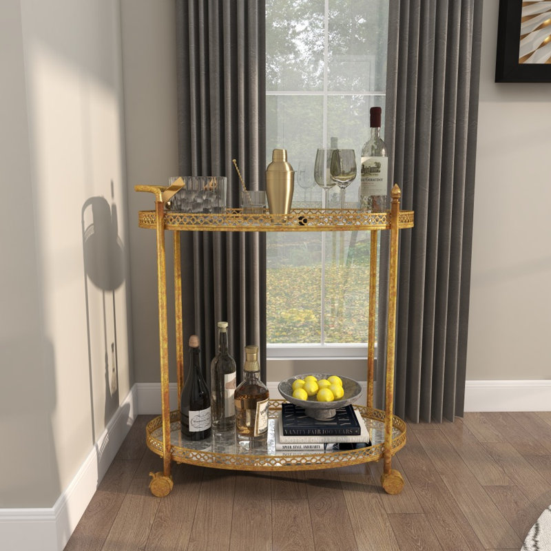 Brass Metal Rolling 2 Mirrored Shelves Bar Cart with Vintage Inspired Details, 30" x 16" x 34", Polished Gold