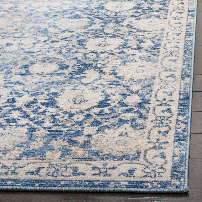 Navy and Creme Rectangular Oriental Synthetic Rug