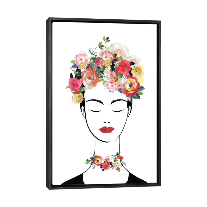 «Flower Crown Frida II» par Isabelle Z - impression d'art graphique, Aucun mat, Toile avec cadre noir patiné