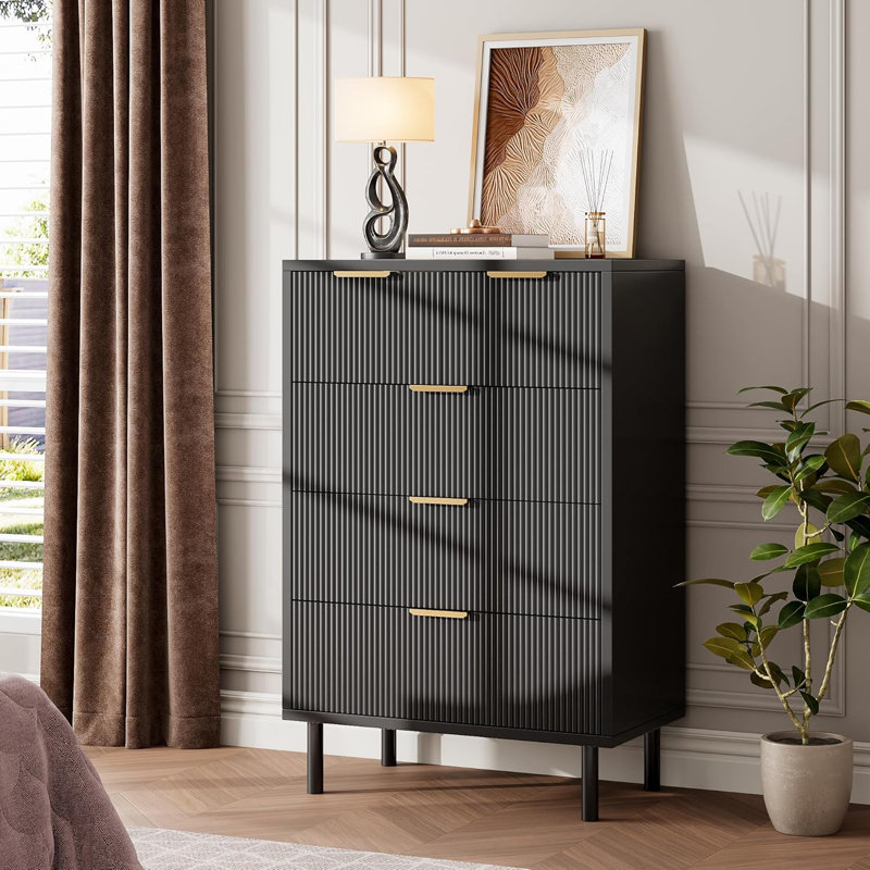Commode 5 tiroirs cannelée noire pour chambre à coucher, commode moderne en bois avec tiroirs larges