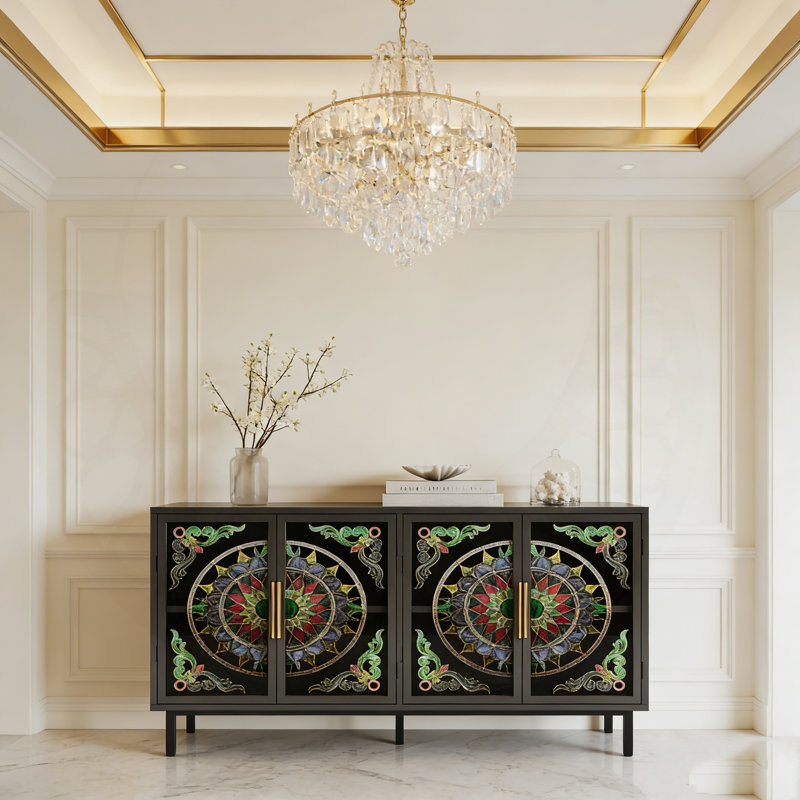 Armoire décorative à quatre portes avec verre peint et cadre en métal pour des solutions de rangement élégantes dans plusieurs pièces.