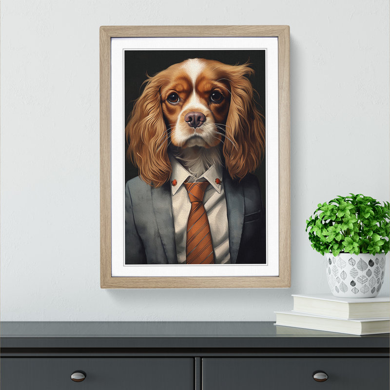 Cavalier King Charles Spaniel In A Suit Painting No.6 - Single Picture Frame Print on Wood, 46cm H x 34cm W x 2cm D
