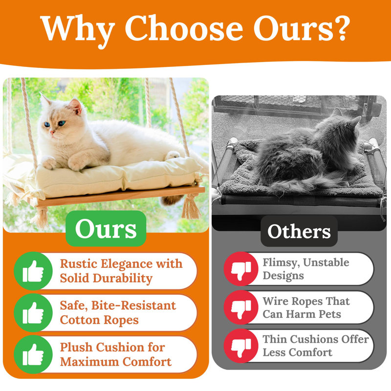 Cat Window Perch - Cat Hammock For Window - Solid Wood Seat & Strong Suction Cups - Cat Window Bed & Furniture For Cats Inside - Hanging Window Shelf For Small Medium Indoor Cats